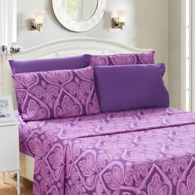 Lux Decor Collection 6-Pieces Deep Pocket Microfiber Printed Bed Sheet Set in Full Size Purple. View a larger version of this product image.