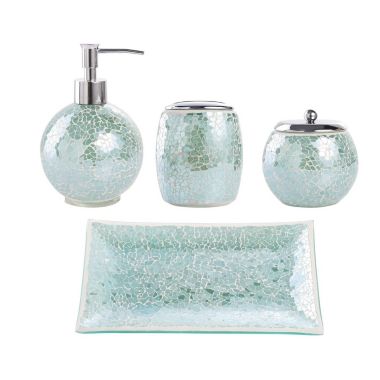 5Pieces Mosaic Glass Bathroom Accessories Set, Soap Dispenser, Tray/Soap Dish (Turquoise). View a larger version of this product image.