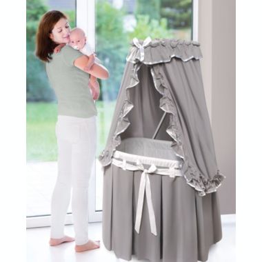 Badger Basket Co. Majesty Baby Bassinet with Canopy - Gray and White Bedding. View a larger version of this product image.