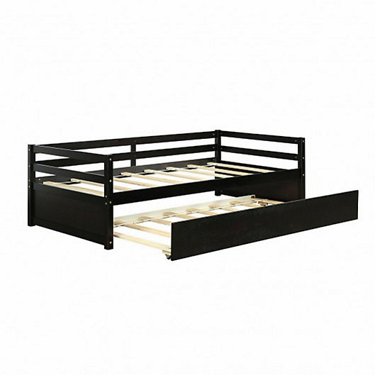 Twin size Wood Bed Frame Bed Platform with Trundle Wood Slats Espresso Furniture 
