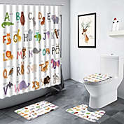Alphabet Animals A-Z 4-Piece Bathroom Set (Includes Shower Curtain, Non-Slip Mat, U-Shape Mat & Toilet Seat Mat)