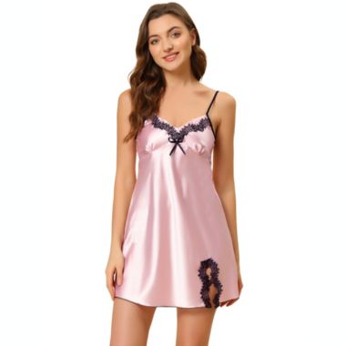 Allegra K Women's Satin Sexy Nightgown Summer Cami Mini Spaghetti Lingerie Dress, 100% Polyester Sleepwear Loungewear Sleepshirts Nightdress Regular Fit Gown Dress, Pink L. View a larger version of this product image.