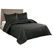 Legacy Decor 3 PCS Squared Stitched Pinsonic Reversible Lightweight All Season Bedspread Quilt Coverlet Oversized, Queen Size, Black Color