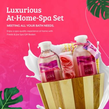 Freida and Joe Spell Bound Love Spa Skin Care Set in Vintage Wooden Gift Basket. View a larger version of this product image.