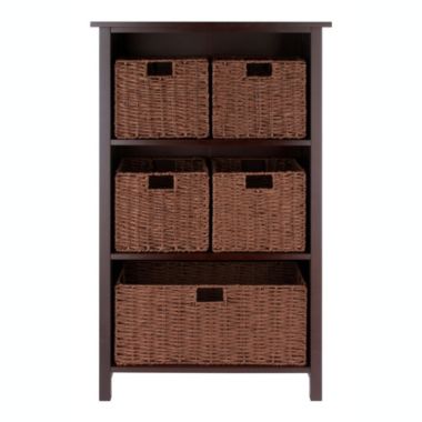 Winsome Milan 6-Piece Storage Shelf with 5 Foldable Woven Baskets - Walnut. View a larger version of this product image.