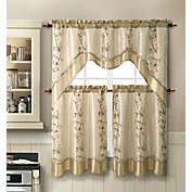 GoodGram Daphne Embroidered Kitchen Curtain Set - 56 in. W x 36 in. L, Beige/Gold