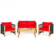 Costway 4 Pcs Acacia Wood Outdoor Patio Furniture Set with Cushions-Red