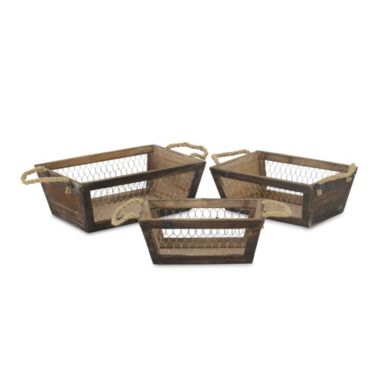 Cheungs Home Decorative Set of 3 Tapered Wood Crates with Wire Panels. View a larger version of this product image.
