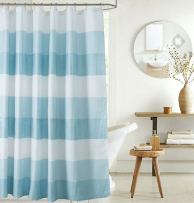 Beige with Pleated Blue and White Pintuck Stripes Fabric Shower Curtain 