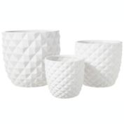 Urban Trends Collection Ceramic Round Pot with Embossed Diamond Pattern Design Body Set of Three Matte Finish White