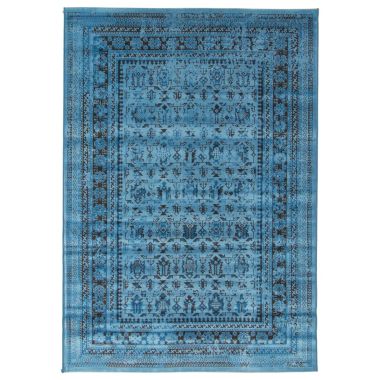 Chaudhary Living 5.25' x 7.5' Blue and Black Distressed Bordered Rectangular Area Throw Rug. View a larger version of this product image.