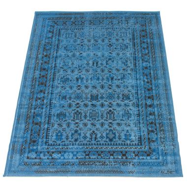 Chaudhary Living 5.25' x 7.5' Blue and Black Distressed Bordered Rectangular Area Throw Rug. View a larger version of this product image.