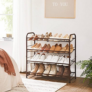 SONGMICS Stackable Shoe Rack, 4-Tier Shoe Rack Storage Organizer, Hold up to 16 Pairs, Steel, 27 x 10.8 x 25.6 Inches, for High Heels, Trainers, Slippers, in the Entryway, Closet, Bronze. View a larger version of this product image.