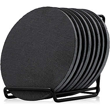 Juvale Round Black Slate Coasters with Rack (4 Inches, 9 Pieces). View a larger version of this product image.