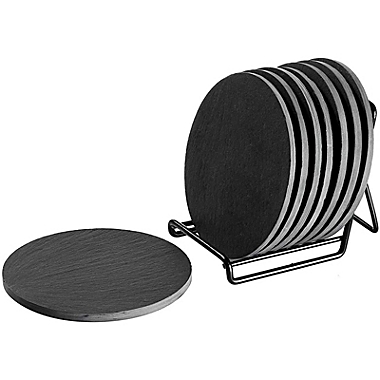 Juvale Round Black Slate Coasters with Rack (4 Inches, 9 Pieces). View a larger version of this product image.
