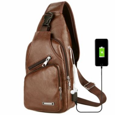 Stock Preferred Leather Sling Chest Bag with USB Charge Cable Light Brown. View a larger version of this product image.