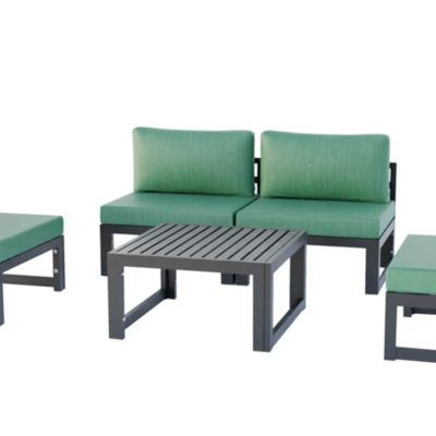 LeisureMod Chelsea 5-Piece Middle Patio Chairs and Coffee Table Set Black Aluminum With Cushions - Green