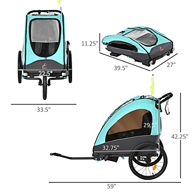 Aosom Child Bike Trailer 3 In1 Foldable Jogger Stroller Baby Stroller Transport Carrier with Shock Absorber System Rubber Tires Adjustable Handlebar Kid Bicycle Trailer Blue and Grey. View a larger version of this product image.