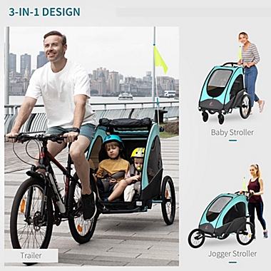 Aosom Child Bike Trailer 3 In1 Foldable Jogger Stroller Baby Stroller Transport Carrier with Shock Absorber System Rubber Tires Adjustable Handlebar Kid Bicycle Trailer Blue and Grey. View a larger version of this product image.