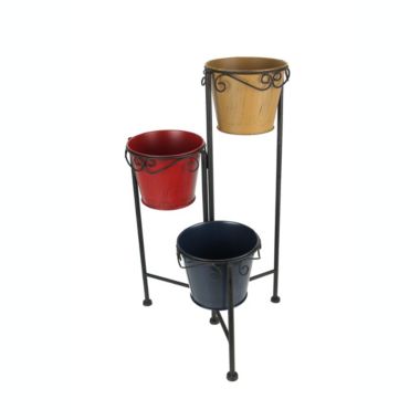 Direct International 3 Level Foldable Plant Stand With Colorful Metal Planters 21.5 Inches High. View a larger version of this product image.
