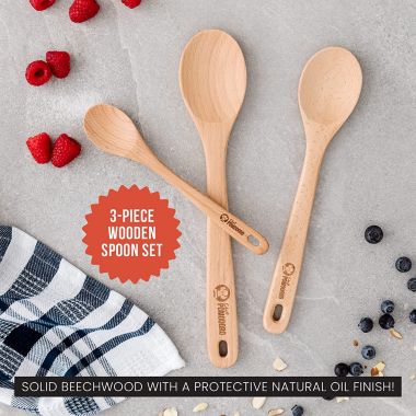 Chef Pomodoro Wooden Spoons for Cooking 3-Piece Set, Solid Beechwood   12-Inch, 10.5-Inch, 8-Inch   Soup Spoon Kitchen Wood Mixing Essentials. View a larger version of this product image.