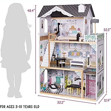 Jumbl Kids Wooden Dollhouse, with Elevator, Balcony & Stairs, Accessories & Furniture Included X-Large 3 Story Easy to Assemble Doll House Toy. View a larger version of this product image.