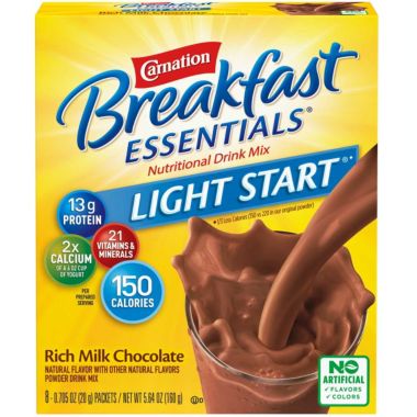 Carnation Breakfast Essentials Light Start Chocolate Instant Complete Nutritional Drink 8 CT Packets 5.64 OZ. View a larger version of this product image.