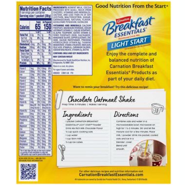 Carnation Breakfast Essentials Light Start Chocolate Instant Complete Nutritional Drink 8 CT Packets 5.64 OZ. View a larger version of this product image.