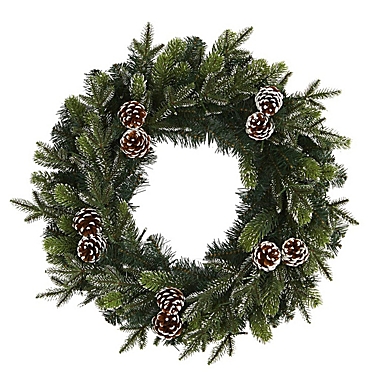 Nearly Natural Modern Holiday Decorative 24" Snowed Pinecone Artificial Christmas Wreath with 35 Clear LED Lights. View a larger version of this product image.