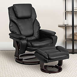 Emma + Oliver Multi-Position Recliner & Ottoman with Swivel Wood Base in Black LeatherSoft