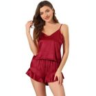 Alternate image 0 for cheibear Women Sleepwear Pajama Spaghetti Strap Cami Tops Shorts Lounge Satin Nightwear Lightweight Elastic Waist Pajamas Set Medium Red