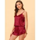 Alternate image 2 for cheibear Women Sleepwear Pajama Spaghetti Strap Cami Tops Shorts Lounge Satin Nightwear Lightweight Elastic Waist Pajamas Set Medium Red