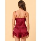 Alternate image 3 for cheibear Women Sleepwear Pajama Spaghetti Strap Cami Tops Shorts Lounge Satin Nightwear Lightweight Elastic Waist Pajamas Set Medium Red
