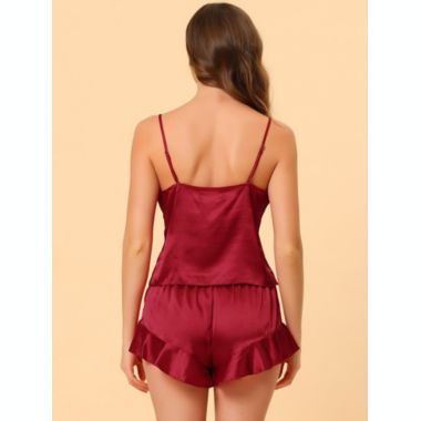 cheibear Women Sleepwear Pajama Spaghetti Strap Cami Tops Shorts Lounge Satin Nightwear Lightweight Elastic Waist Pajamas Set Medium Red. View a larger version of this product image.