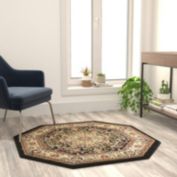 Flash Furniture Mersin Collection Persian Style 4x4 Black Octagon Area Rug-Olefin Rug with Jute Backing-Hallway, Entryway, Bedroom, Living Room