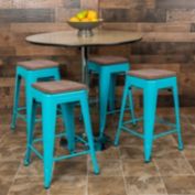Flash Furniture Cierra 24" High Metal Counter-Height, Indoor Bar Stool with Wood Seat in Teal - Stackable Set of 4