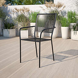 Emma + Oliver Commercial Grade Black Indoor-Outdoor Steel Patio Arm Chair with Square Back