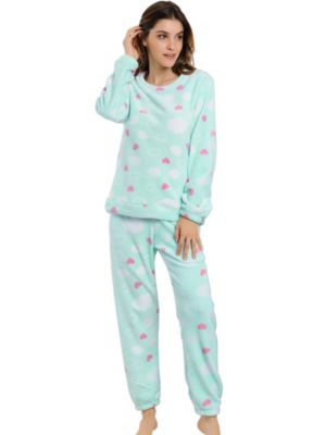 Allegra K Cute Printed Long Sleeve Winter Flannel Pajama Sets For Women 2XL Heart Printed Blue