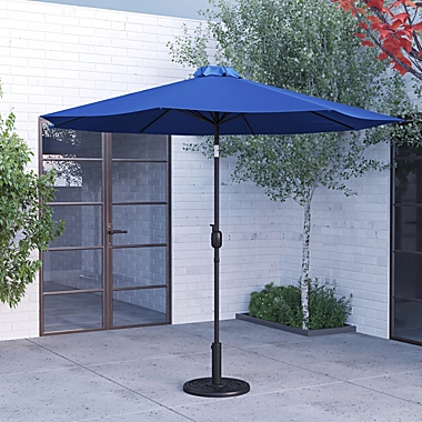 Merrick Lane Bali Patio Umbrella with Base - 9&#39; Navy Polyester Patio Umbrella - 30+ UV Protection - Waterproof Black Cement Base with 1.5" Diameter Aluminum Pole. View a larger version of this product image.