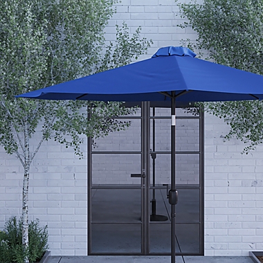 Merrick Lane Bali Patio Umbrella with Base - 9&#39; Navy Polyester Patio Umbrella - 30+ UV Protection - Waterproof Black Cement Base with 1.5" Diameter Aluminum Pole. View a larger version of this product image.
