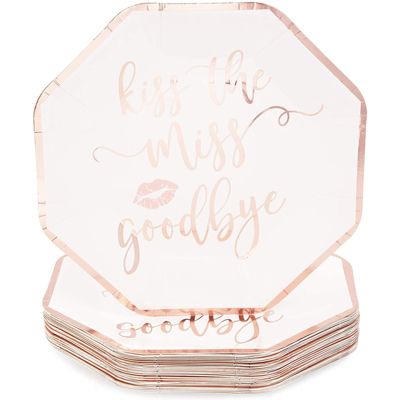 Blue Panda Bachelorette Party Plates - Kiss the Miss Goodbye, Rose Gold, 48 Count