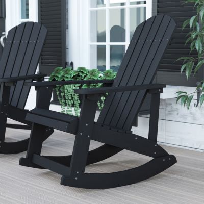 Flash Furniture Savannah Commercial Grade All-Weather Poly Resin Wood Adirondack Rocking Chair with Rust Resistant Stainless Steel Hardware in Black