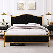 Homfa Full Size Bed Frame, Metal Tubular Platform Bed with Button Tufted Upholstered Headboard Black