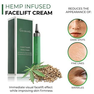 Verdermis Instant Facelift Cream with Hemp Oil, Hyaluronic Acid, Vitamins A,C,E, and Peptides. Non-Invasive. Instant Results.. View a larger version of this product image.