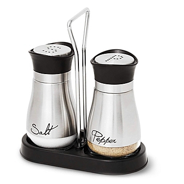 Juvale Salt and Pepper Shakers Set with Holder, Stainless Steel and Glass Dispenser (4oz). View a larger version of this product image.