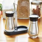 Alternate image 1 for Juvale Salt and Pepper Shakers Set with Holder, Stainless Steel and Glass Dispenser (4oz)