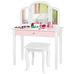 Costway Kids Princess Make Up Dressing Table with Tri-folding Mirror and Chair-White
