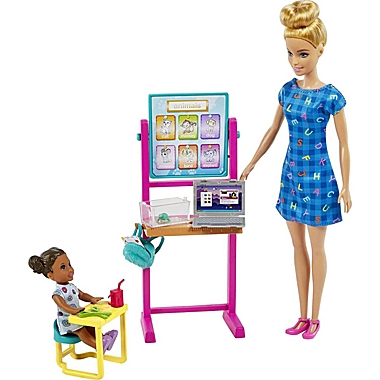 Barbie Teacher Doll (Blonde),Toddler Doll (Brunette), Flip Board, Laptop, Backpack, and Desk. View a larger version of this product image.