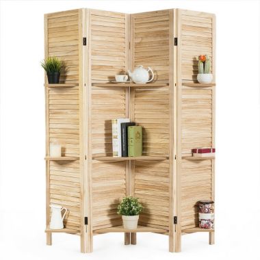 Slickblue 4 Panel Folding Room Divider Screen with 3 Display Shelves-Brown. View a larger version of this product image.