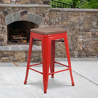 Flash Furniture 24" High Backless Red Metal Counter Height Stool with Square Wood Seat. View a larger version of this product image.